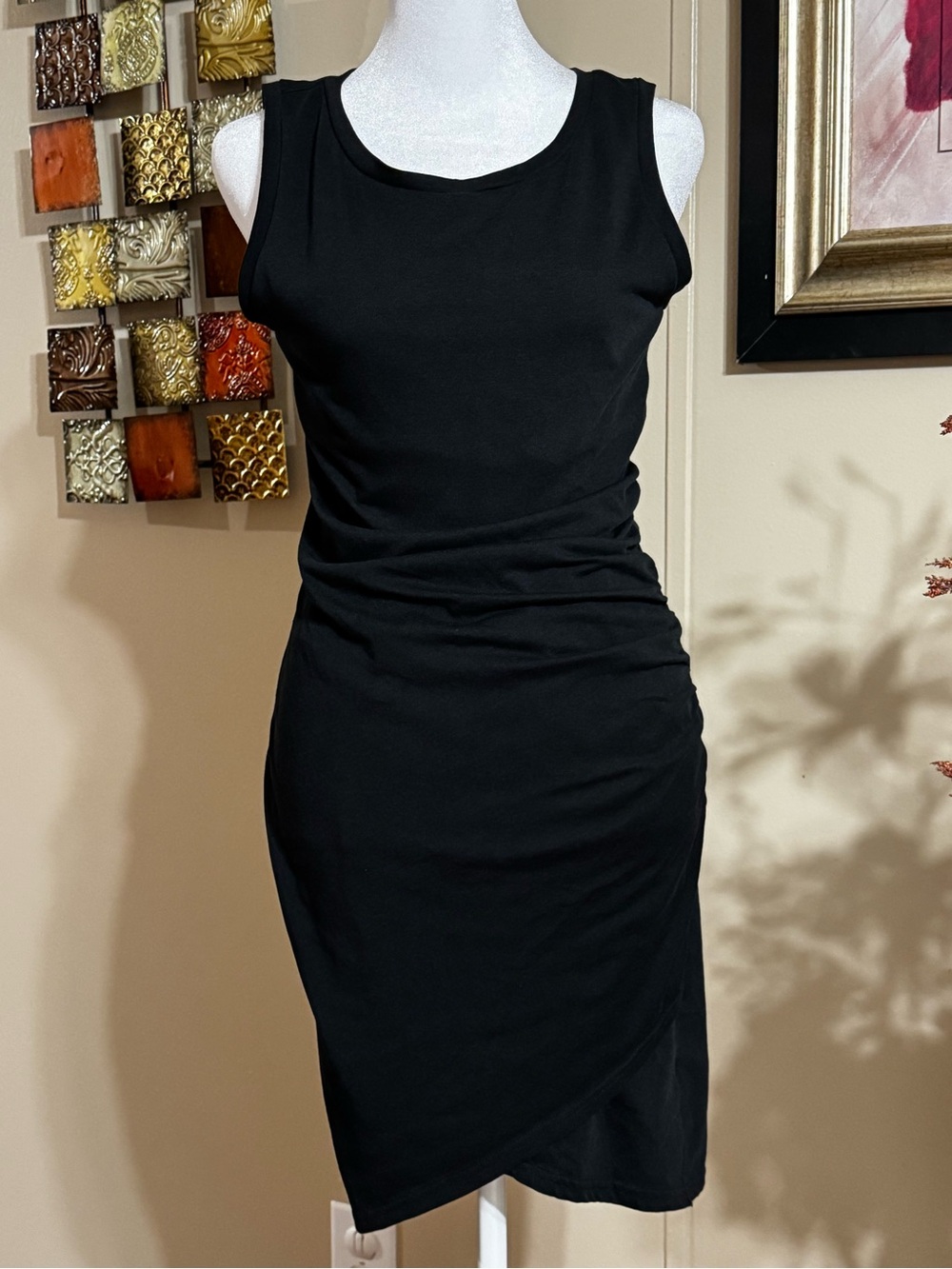 Leith Black Sleeveless Ruched Wrap-Front Sheath Dress
